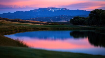 Obraz premium Sunrise golf course scenic mountain reflection