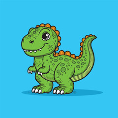 Obraz premium Cute cartoon green dinosaur on blue background. Vector illustration for kids.