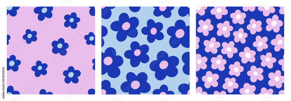 Aufkleber seamless floral patterns set. groovy daisy motif, endless repeatable background design with summer f