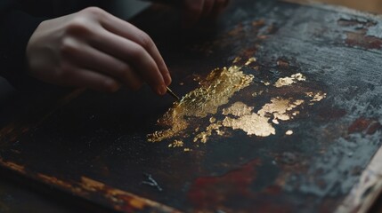 Artisanal Crafting of Gold Leaf on Dark Wooden Surface