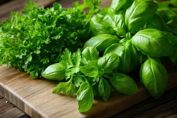 A bunch of parsley and basil are finely chopped on a wooden cutting board, releasing their fresh aroma. 