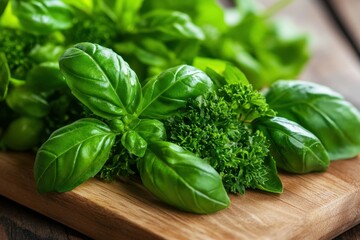 A bunch of parsley and basil are finely chopped on a wooden cutting board, releasing their fresh aroma. 