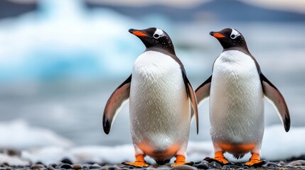 Fototapeta premium Antarctic penguins in their natural habitat, icy backdrop, peaceful and harmonious wildlife moment, soft natural lighting