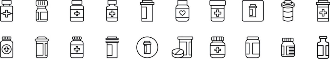 Bottle of Pills Related Line Icons for Web Sites, Books, Cards, Apps. Editable Stroke. Perfect for Web Sites, Books, Cards, Apps