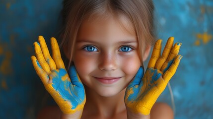 Child with painted yellow and blue hands