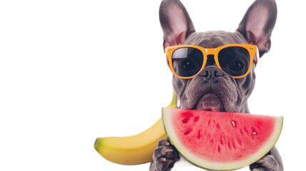 A stylish French Bulldog wearing sunglasses enjoys a slice of watermelon, with a banana nearby, in a playful summer setting