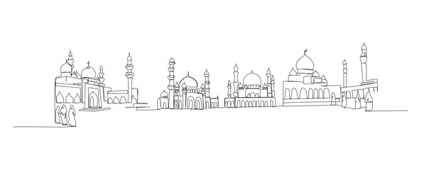 Set of Mosque, house of prayer for Muslims, architecture one line art. Continuous line drawing of online Muslims, Islam, traditions, clothing, folk, oriental.