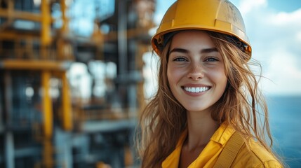 Confident young woman in yellow industrial work uniform