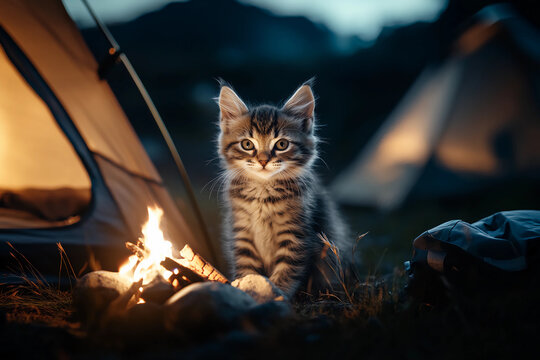 Camping Adventure with Friends and Kitten Exploring Tent, Sitting by Fire, and Enjoying the Flickering Flames in a Cozy Outdoor Setting - Powered by Adobe
