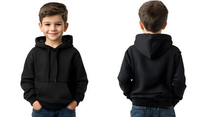 Portrait of a happy handsome american kid boy, wearing a black hoodie sweater and jeans, front and back view, mockup concept