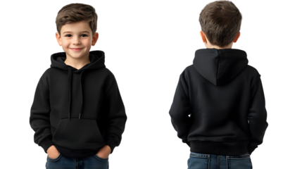 Portrait of a happy handsome american kid boy, wearing a black hoodie sweater and jeans, front and back view, mockup concept