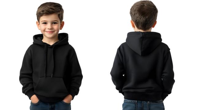 Portrait of a happy handsome american kid boy, wearing a black hoodie sweater and jeans, front and back view, mockup concept