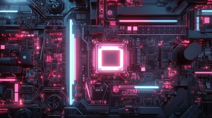 Neon CPU glowing circuit board