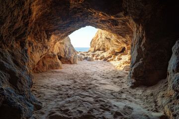 Obraz premium A natural summer beach cave at Praia da Coelha, Algarve, Albufeira. Portugal, vertical photo
