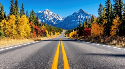 Fototapeta premium Banff National Park road trip in autumn, picturesque nature drive, majestic mountain peaks, winding road covered in fall colors