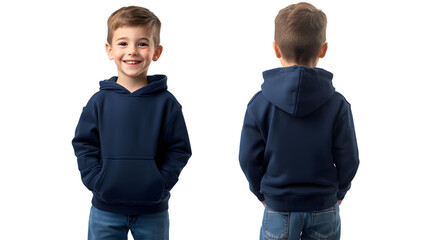 Portrait of a happy handsome american kid boy, wearing a navy blue hoodie sweater and jeans, front and back view, mockup concept