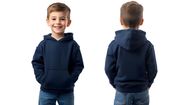 Portrait of a happy handsome american kid boy, wearing a navy blue hoodie sweater and jeans, front and back view, mockup concept