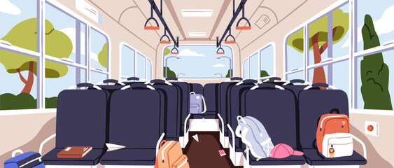 Empty school bus interior with chairs, seats and windows. Public transport for childrens travel. Left backpacks, belongings inside. Kids autobus aisle, schoolbus with bags. Flat vector illustration © Good Studio