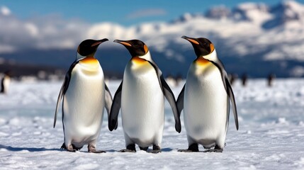 Naklejka premium Beautiful penguins posing in the snow, crisp white landscape, elegant and peaceful composition, breathtaking natural setting