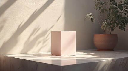 Obraz premium Elegant cubic sculpture placed on a wooden surface with soft natural sunlight casting artistic shadows. 