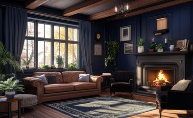 Fototapeta premium Cozy autumn living room with fireplace, leather sofa, and dark blue walls.