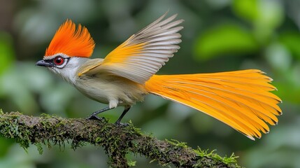 Spectacular Orange-crested Bird on Mossy Branch