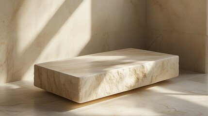 Natural stone block with textured surface placed in sunlight creating a warm and modern interior aesthetic.
