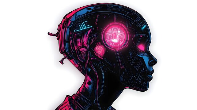 Futuristic Digital Cyborg Mind with Neon Glowing Energy Sphere