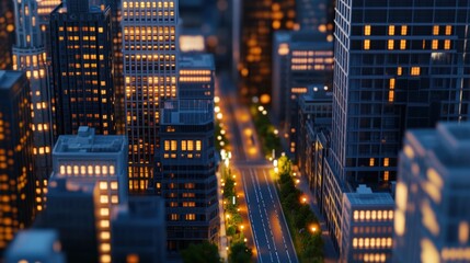 Night city aerial view, illuminated streets, skyscrapers, urban landscape, design element