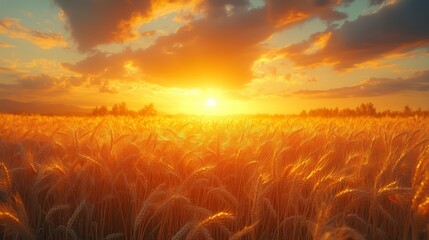 Golden wheat field under a sunset sky in summer