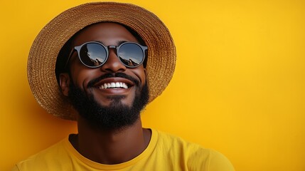 Happy man in yellow t-shirt and straw hat smiling