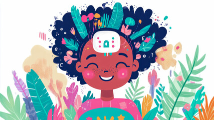 Obraz premium Whimsical portrait illustration of a smiling girl surrounded by vibrant foliage, promoting positivity and childhood wonder