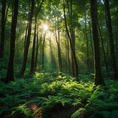 Obraz premium A radiant emerald forest bathed in sunlight, towering green trees glowing brilliantly.