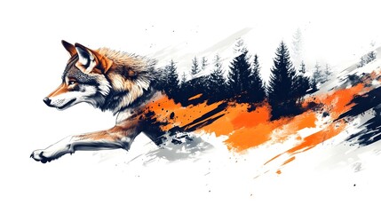 Naklejka premium Powerful Wolf Dashing Through Snowy Mountain Landscape
