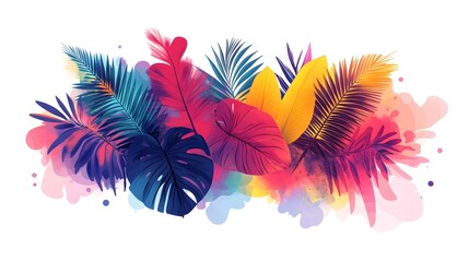 Tropical Vibrant Foliage Background with Colorful Palm Leaves and Botanical Floral Elements
