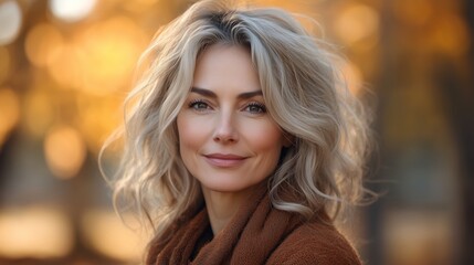 Naklejka premium Thoughtful middle-aged blonde woman in autumn park