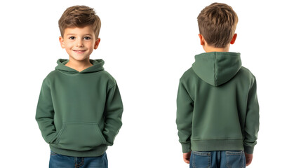 Portrait of a happy handsome american kid boy, wearing a green hoodie sweater and jeans, front and back view, mockup concept