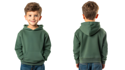 Portrait of a happy handsome american kid boy, wearing a green hoodie sweater and jeans, front and back view, mockup concept