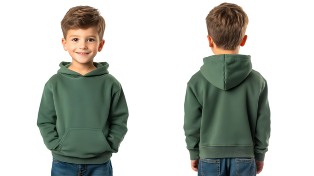Portrait of a happy handsome american kid boy, wearing a green hoodie sweater and jeans, front and back view, mockup concept