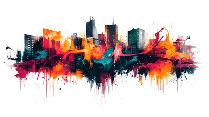 Obraz premium Vibrant Urban Cityscape with Colorful Architectural Skyline and Abstract Fluid Textures