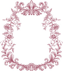 Botanical line illustration (frame) in toile de jouy style on transparent background. Digital contour illustration in vintage style for branding, advertising, wedding design.