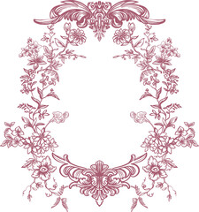 Botanical line illustration (frame) in toile de jouy style on transparent background. Digital contour illustration in vintage style for branding, advertising, wedding design.