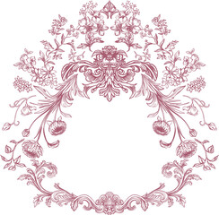 Botanical line illustration (frame) in toile de jouy style on transparent background. Digital contour illustration in vintage style for branding, advertising, wedding design.
