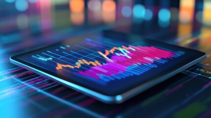 A sleek tablet displaying vibrant financial data charts against a blurred, modern office backdrop