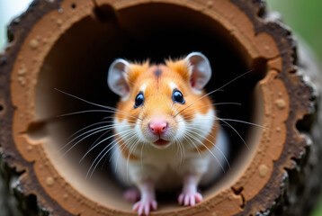 A cheerful hamster peering through a hollow tree trunk