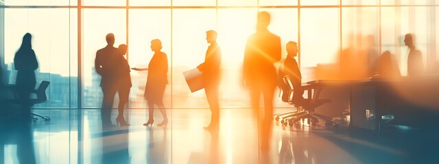 A group of business people in silhouette stand around an office table
