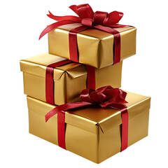 Fototapeta premium Golden gift boxes with red ribbons, stacked on top of each other, isolated on a Transparent background,
