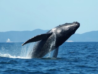 Fototapeta premium Humpback whale breaching and splashing in blue ocean water