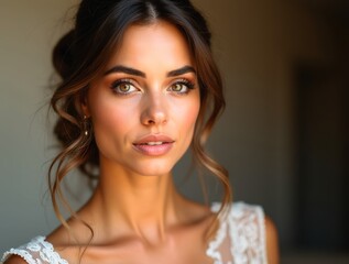 Beautiful bride wearing elegant white dress and posing for wedding photo shoot