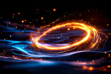 Cosmic scene with black sky, quantum particles, glowing eclipse halo, radiant light, and intricate energy fields creating a mesmerizing and futuristic atmosphere